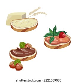 Set of options for sandwiches with butter, jam and chocolate on the piece of bread. Isolated on the white background. Vector.