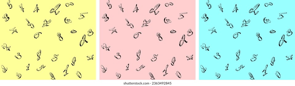 A set of options for seamless patterns of comic outlines of numbers from 0 to 9 on different background options. Vector.
