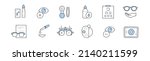 Set of optometry, eye check, health care doodle icons. Medical sight test, laser surgery, glasses, solution and and eyedropper. Optician board, oculist chart and equipment Line art vector illustration