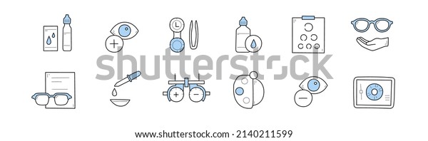 Set of optometry, eye check, health care\
doodle icons. Medical sight test, laser surgery, glasses, solution\
and and eyedropper. Optician board, oculist chart and equipment\
Line art vector\
illustration