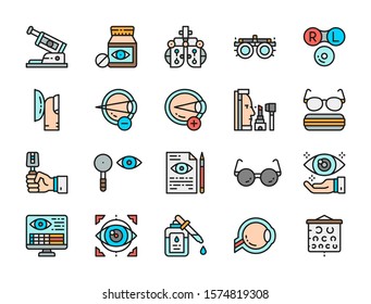 Set of Optometry Flat Color Icons. Vitamins, Optical Clinic, Eye Surgery and more.