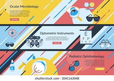 Set Of Optometry Healthcare Poster Landing Page Vector Flat Illustration. Collection Of Medical Eyes Health Care Diagnostic Service With Optometric Instruments And Ocular Microbiology Background