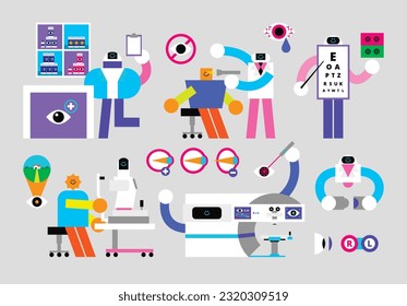 Set Set von Optometrie-Humanoiden flaches geometrisches Zeichendesign