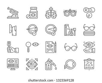 Set of Optometry Line Icons. Vision Correction Device, Vitamins, Contact Lenses, Laser Correction Glasses, Doctor Prescription, Optical Clinic, Eye Surgery and more. Pack of 48x48 Pixel Icons