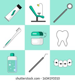 Set of oral care items in flat style isolated. Toothbrush, toothpaste, dental floss in flat style. Healthy Clean Teeth. Dental care service flat vector. Vector.