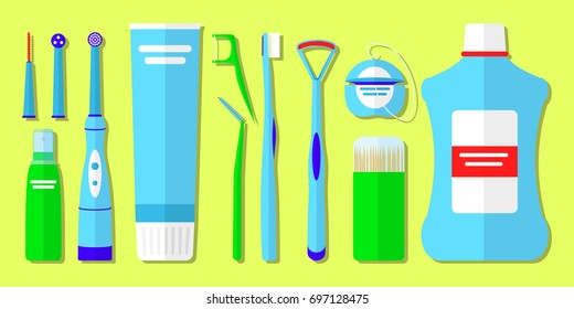 Set of oral care products. Tools for cleaning teeth and caring for them in a flat style isolated. Elements of design for business, web, advertising, flyer. Vector illustration