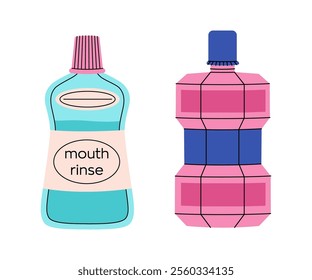 Set of oral hygiene products. Bottles of mouthwash. Teeth cleaning products. Mouth rinse. Colorful vector collection in a flat style isolated on a white background