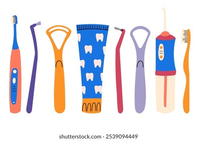 Set of oral hygiene products. Different dental care accessories. Toothbrush, toothpaste, mouthwash, oral irrigator, tongue brush, tongue scraper and dental floss.