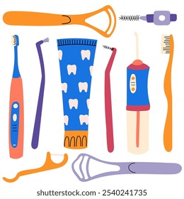 Set of oral hygiene products. Different dental care accessories. Toothbrush, toothpaste, mouthwash, oral irrigator, tongue brush, tongue scraper and dental floss.