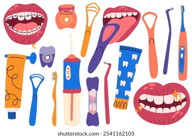 Conjunto de productos de higiene oral. Diferentes accesorios de cuidado dental. Cepillo de dientes, pasta de dientes, enjuague bucal, irrigador oral, cepillo de lengua, raspador de lengua y hilo dental.