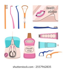 Set of oral hygiene products in a flat style. Different toothbrushes, toothpastes, dental floss, mouth rinse, teeth strips, irrigator. Teeth cleaning accessories. Colorful vector set