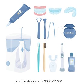 conjunto de productos de higiene bucal aislados de fondo blanco. cepillado de dientes, lengua y encías. atención dental. irrigador, cepillos de dientes, protector de boca. dentista. vector plano.