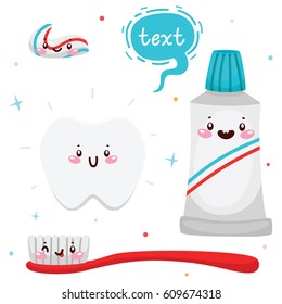 Set for oral hygiene with tooth, toothbrush, toothpaste, cartoon characters, set, collection, vector.