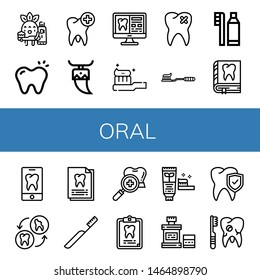 Set of oral icons such as Toothbrushing, Tooth, Tooth Brush, Broken tooth, Dental hygiene, Dental record, Toothbrush, Dental checkup, Toothpaste, Mouthwash , oral