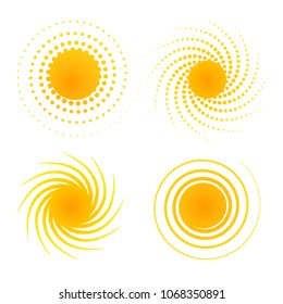 Set orange abstract banner of dots halftone Design element in the sun form with dotted rays in retro style Decorative isolated symbol for creative design advertisement logo Vector halftone background