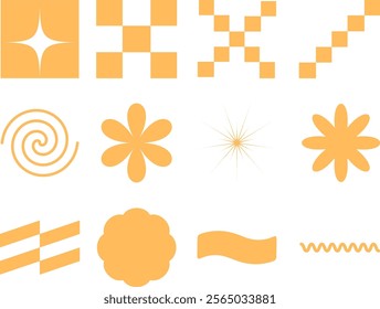 Set of orange abstract icons including stars, flowers, spirals, waves, and geometric designs for decoration and creative projects.