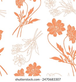 set of orange aquilegia vulgaris flowers with blossomed buds and not yet blossomed, branches with leaves, sketch vector graphics color illustration on white background