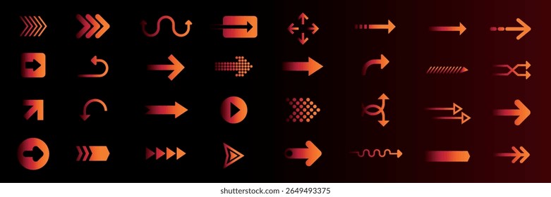 Set of orange arrows on a dark background. Includes various arrow designs: curved arrows, straight  and directional arrows. Arrows for navigation. Element vector set.