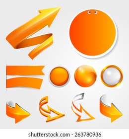 Set orange arrows and pointers, labels and stickers, buttons and icons. A collection of templates for web design. Vector illustration