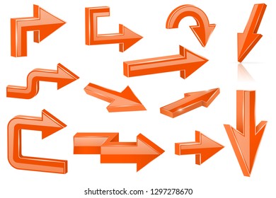 Set of orange arrows. Shiny 3d web icons. Vector illustration isolated on white background