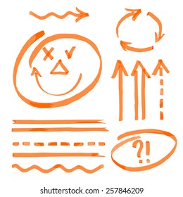 Set of orange arrows, signs, lines  hand-drawn in marker. Smiley painted arrows. Vector