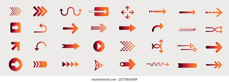 Set of orange arrows in various styles and directions. Arrows include curved, straight, and zigzag designs. Orange arrows for navigation and design use. Element vector set.