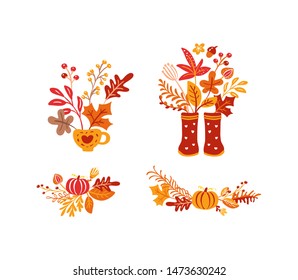 Set of orange autumn leaves bouquets with rubber boots. Orange leaves of maple with cup, with pumpkin, with foliage oak, fall nature season poster thanksgiving design