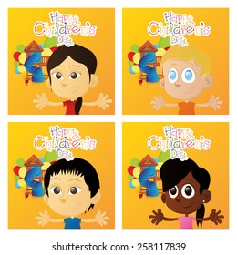 a set of orange backgrounds with text, toys and children
