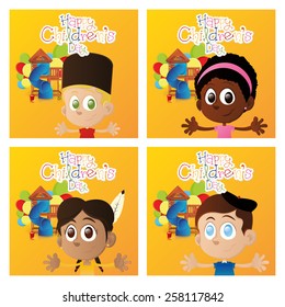 a set of orange backgrounds with text, toys and children