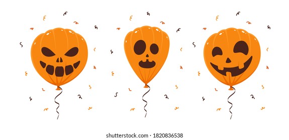 Set of orange balloons with scary smiles isolated on white background. Illustration can be used for children's holiday design, decorations, cards, banners.