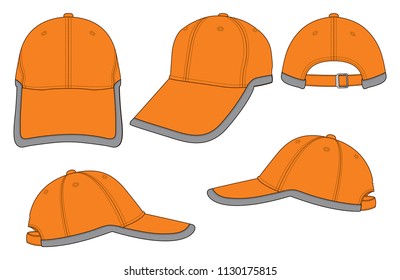 Set Orange Baseball Cap With Gray Edging Design, Adjustable Metal Buckle Strap Vector.