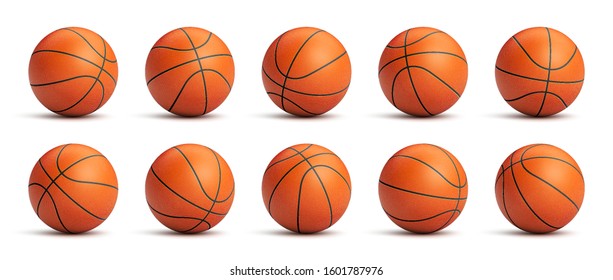 Set of orange basketball balls with leather texture in different positions