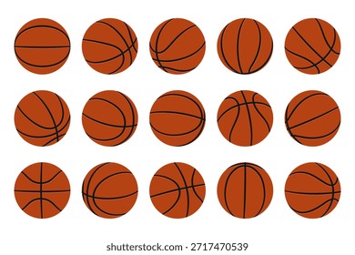 Conjunto de baloncesto naranja desde diferentes ángulos. Ilustración vectorial plana aislada sobre un fondo blanco.	