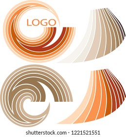 Set of orange and beige logotypes with strands of hair, letters and hair curls. 
A template for vector logotype in round shape.