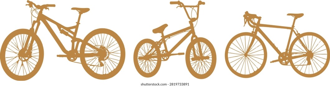 Set of orange bicycle silhouettes featuring a mountain bike bmx and road cycle for transportation and cycling designs