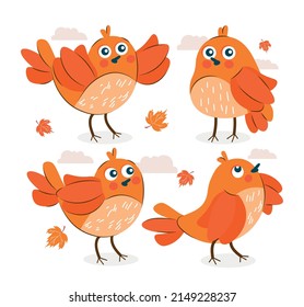 Set of orange birds. Bright character for kids, collection of stickers for social networks. Wildlife, nature and animals, autumn. Cartoon flat vector illustrations isolated on white background