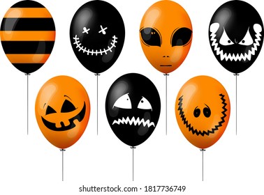 set of orange and black balloons for halloween celebration with different faces