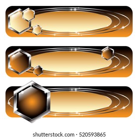 Set of orange and black banners with silver elements, with space for your text. Vector illustration, on transparent background.