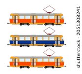 Set of orange blue classic tram retro vintage city tramway