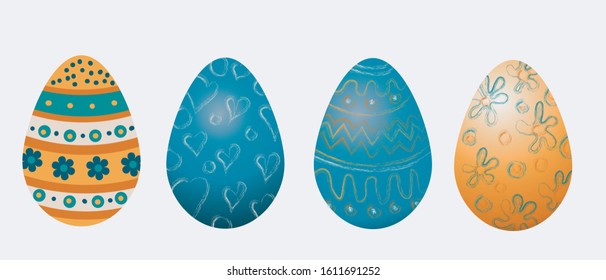 Set of orange and blue easter eggs, isolated against a white background. Vector illustration in flat style.