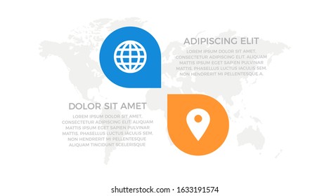 Set of orange, blue elements for infographic with world map presentation slides.