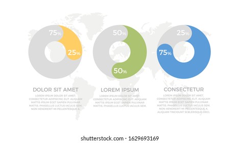 Set of orange, blue and green elements for infographic with world map presentation slides.