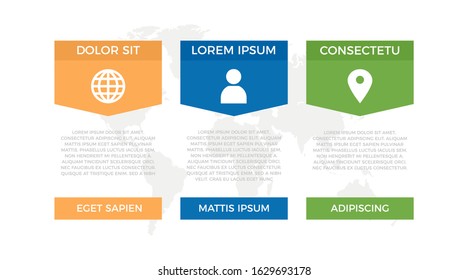 Set of orange, blue and green elements for infographic with world map presentation slides.