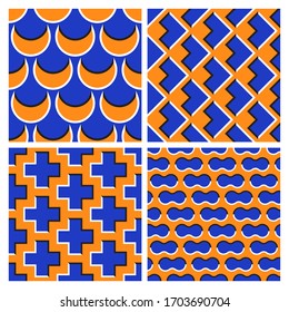 Set of orange blue optical illusion seamless patterns of moving sickles, arrows, crosses and clouds shapes.