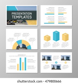 Set of orange and blue template for multipurpose presentation slides with graphs and charts. Leaflet, annual report, book cover design.