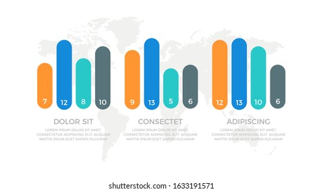 Set of orange, blue, turquoise and gray elements for infographic with world map presentation slides.