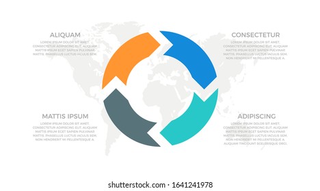 Set of orange, blue, turquoise and gray elements for infographic with world map presentation slides.