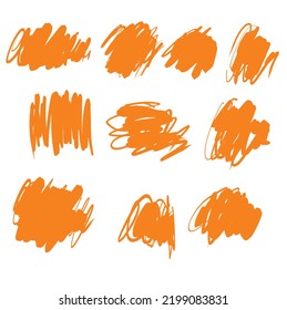 Set of Orange Brush Stroke Stains isolated on a White Background. Irregular Orange Grunge Frame. Freehand Ink Splash. Hand Drawn Textured Geometric Elements. Set od Scribbles. Irregular Daubs.