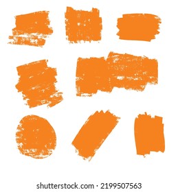 Conjunto de manchas de pincel naranja aisladas en un fondo blanco. Marco De Grunge De Color Naranja Irregular. Esplash de tinta de mano libre. Material Geométrico Trazado A Mano. Establece las pestañas.