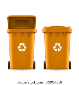 Set of orange buckets for trash with sign arrow
